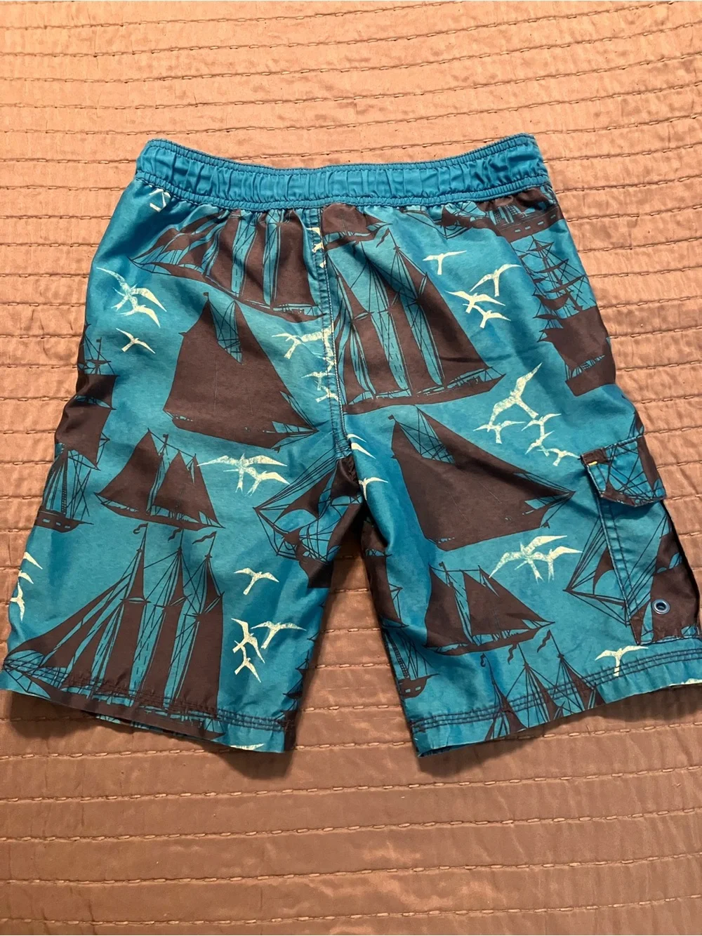 Gymboree Teal Swim Trunks with Navy Sailboat Print and Lime Drawstring